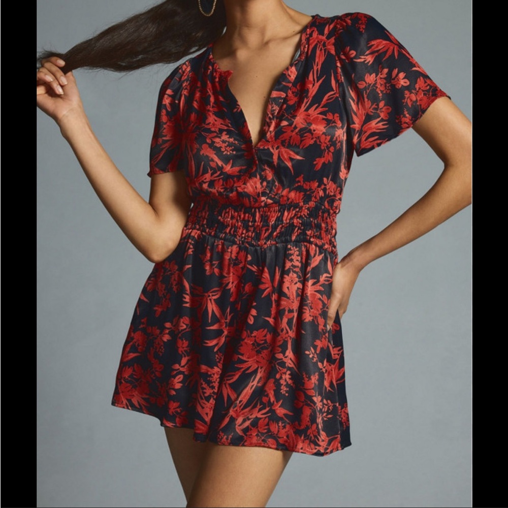 Anthropologie The Somerset Romper Red Black Floral 1-Piece Anthro Size Large - Picture 2 of 14